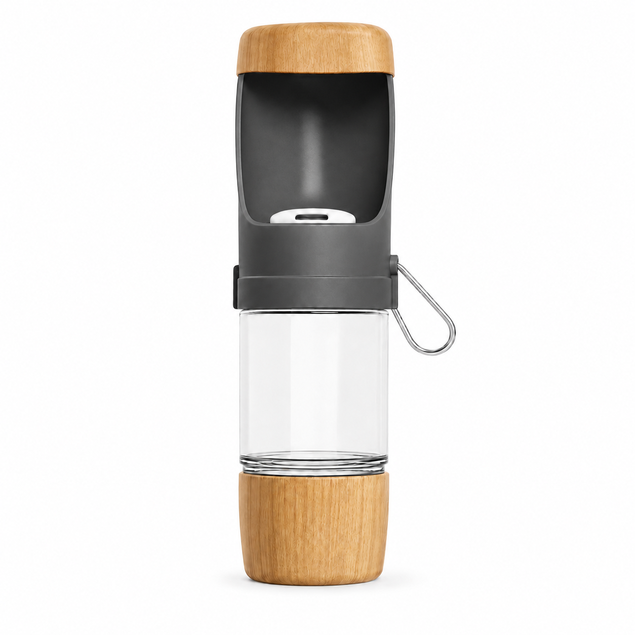Portable Grey Pet Water Bottle with Wood Top, Leak-Proof Dog Travel Dispenser, 550ml